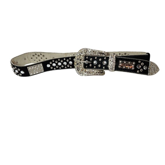 BHW Embellished Black Leather Studded Rhinestone Western Cowgirl Belt Size L Bhw rhinestone studded western - Gem main image 2