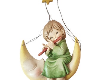 Vintage Anri Toriart Italy Juan Ferrandiz "Little Dipper" Christmas Ornament - Child Sitting on Crescent Moon Playing the Flute