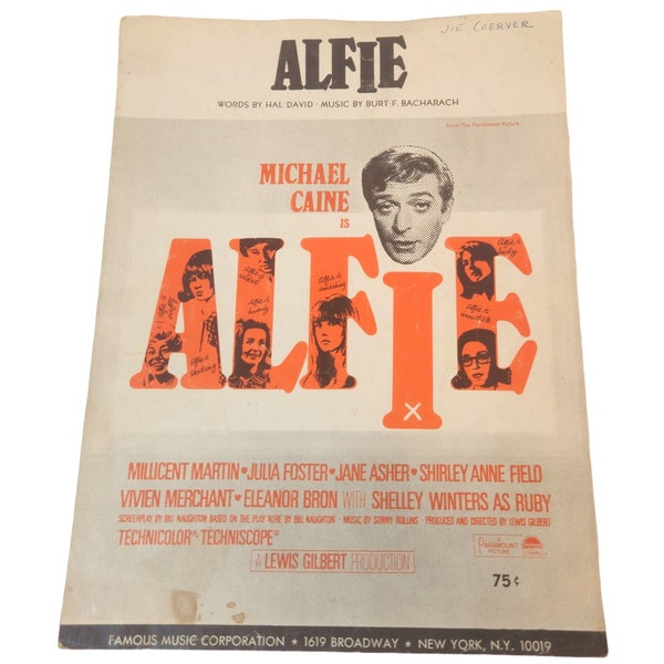 Alfie 1966 Sheet Music Burt Bacharach Hal David Michael Caine