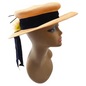 Vintage 40s BETMAR NY Paris Straw Boater Hat with Velvet Ribbon & Flower