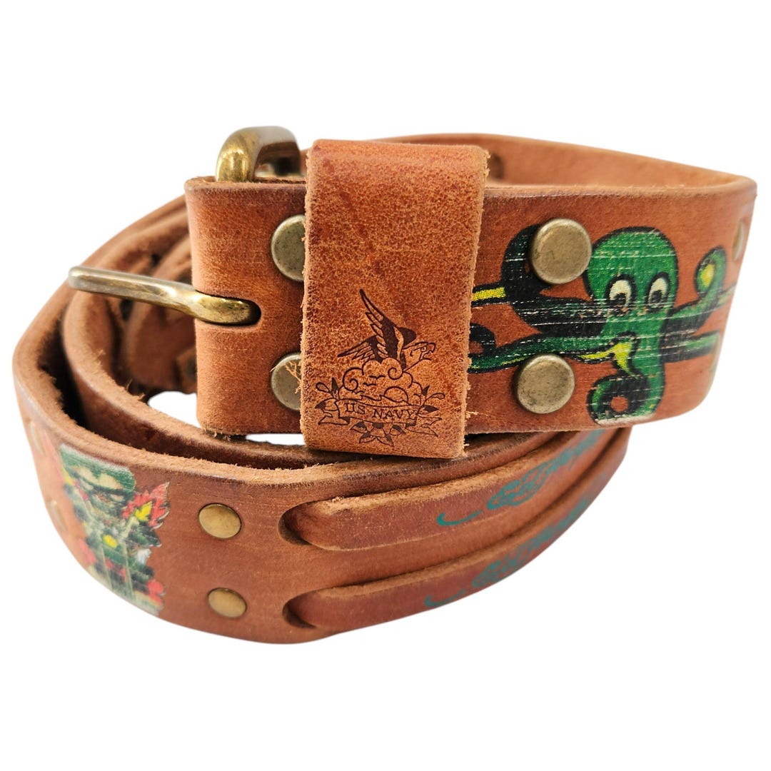 Vintage Ed Hardy Y2K Leather Belt Octopus Motorbike U.S. Navy Logo #EH0037 Ed Hardy Belt - Etsy main image 3