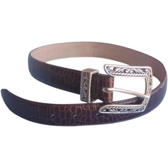 Brighton Belt Womens Medium Brown Croc Embossed Ornate Silver Buckle Pearls 1996 1996 Brighton Brown Leather Style Moc Croc Silver Belt  main image 4
