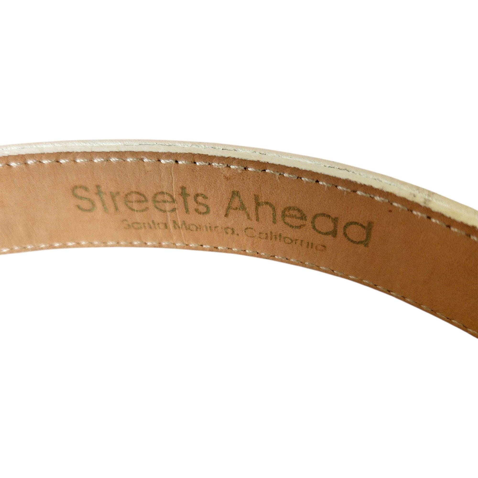 Vintage “streets Ahead” White Leather Adjustable Belt Gold 