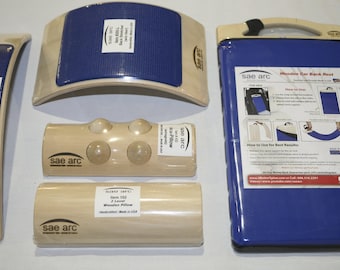 May include: A set of five wooden back support products, including a back stretcher, a neck pillow, a lumbar support pillow, and a car back rest. The products are all made of natural wood and have a blue and white color scheme. The packaging includes the brand name "sae arc" and the text "Wooden Car Back Rest".