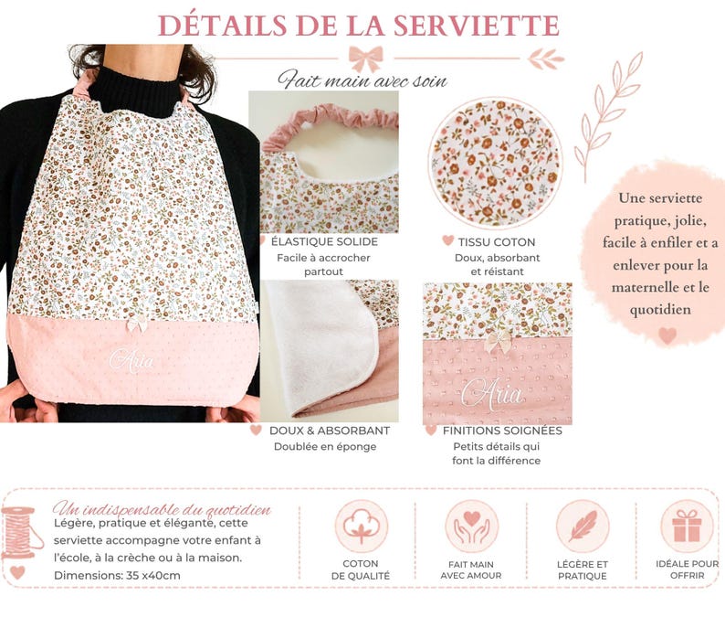 May include: A floral print bib with a pink textured bottom panel featuring the name Aria embroidered in white. The bib includes an elastic neck strap, a soft absorbent lining, and measures 35 cm by 40 cm. Text includes D&Eacute;TAILS DE LA SERVIETTE.