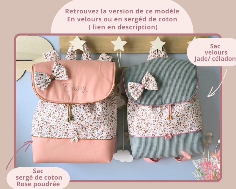 May include: Two backpacks with flap closures and decorative bows. The left backpack is solid dusty pink with a floral print panel. The right backpack is grey corduroy with a floral print panel. Both feature drawstring closures and small bows.
