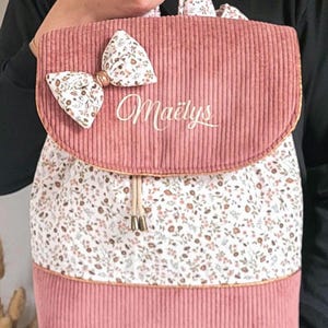 Personalized floral corduroy backpack for girls, in pink, dusty rose and celadon, for a 24x32 cm notebook image 5