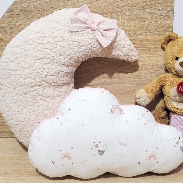 Coussin enfant personnalisé, Décoration Chambre Bébé, cadeau naissance fille, coussin lune avec noeud pailleté, coussin lune, coussin rose