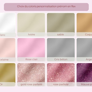 May include: A color chart displaying twelve swatches for name personalization in flex material. The colors include white, ivory, sand, shell, porcelain, light pink, concrete gray, silver, gold, and glitter finishes in rose gold, pink, and mauve.