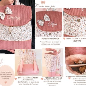 May include: A pink corduroy and floral print fabric backpack featuring a decorative bow on the flap, a drawstring closure, adjustable padded shoulder straps, and a personalized name embroidered on the front flap in white cursive script.