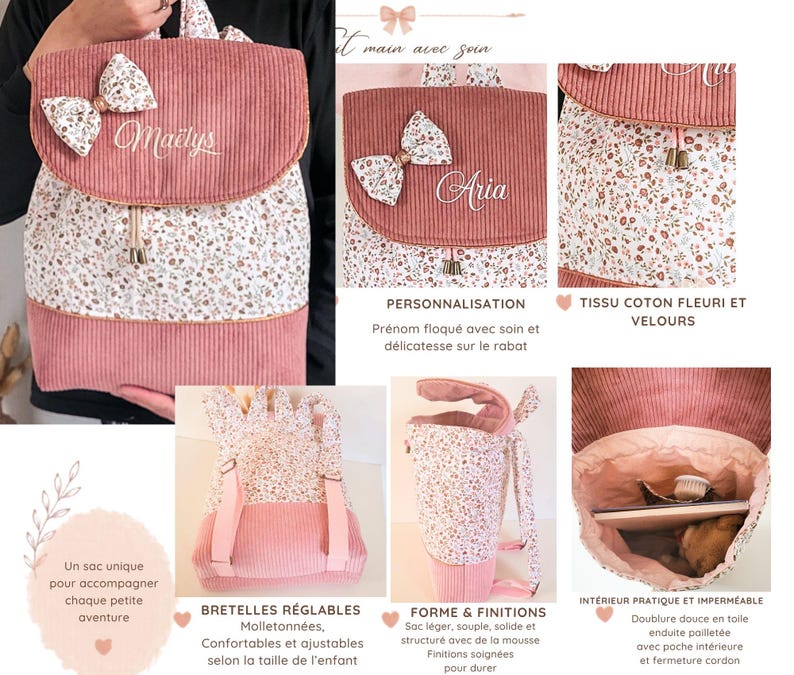 May include: A pink corduroy and floral print fabric backpack featuring a decorative bow on the flap, a drawstring closure, adjustable padded shoulder straps, and a personalized name embroidered on the front flap in white cursive script.