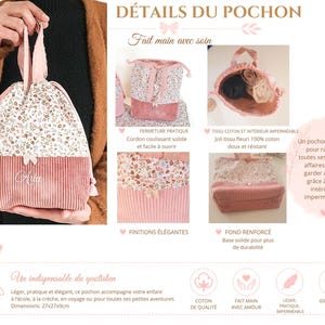 May include: A drawstring pouch featuring a floral print upper section and a pink corduroy lower section with the name Aria embroidered in white. The bag includes two top handles, a drawstring closure, and measures 27cm by 27cm by 9cm.