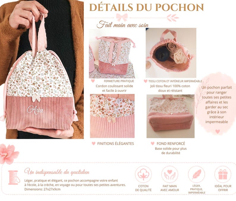 May include: A drawstring pouch featuring a floral print upper section and a pink corduroy lower section with the name Aria embroidered in white. The bag includes two top handles, a drawstring closure, and measures 27cm by 27cm by 9cm.