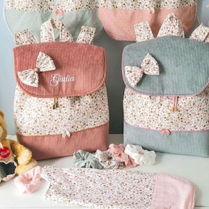 Personalized floral corduroy backpack for girls, in pink, dusty rose and celadon, for a 24x32 cm notebook image 17