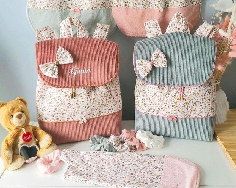 Personalized floral corduroy backpack for girls, in pink, dusty rose and celadon, for a 24x32 cm notebook image 17
