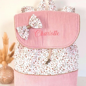 Personalized floral corduroy backpack for girls, in pink, dusty rose and celadon, for a 24x32 cm notebook velours rose