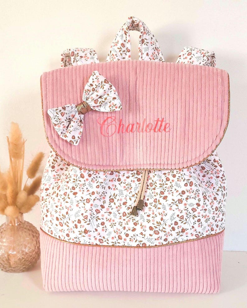Personalized floral corduroy backpack for girls, in pink, dusty rose and celadon, for a 24x32 cm notebook velours rose