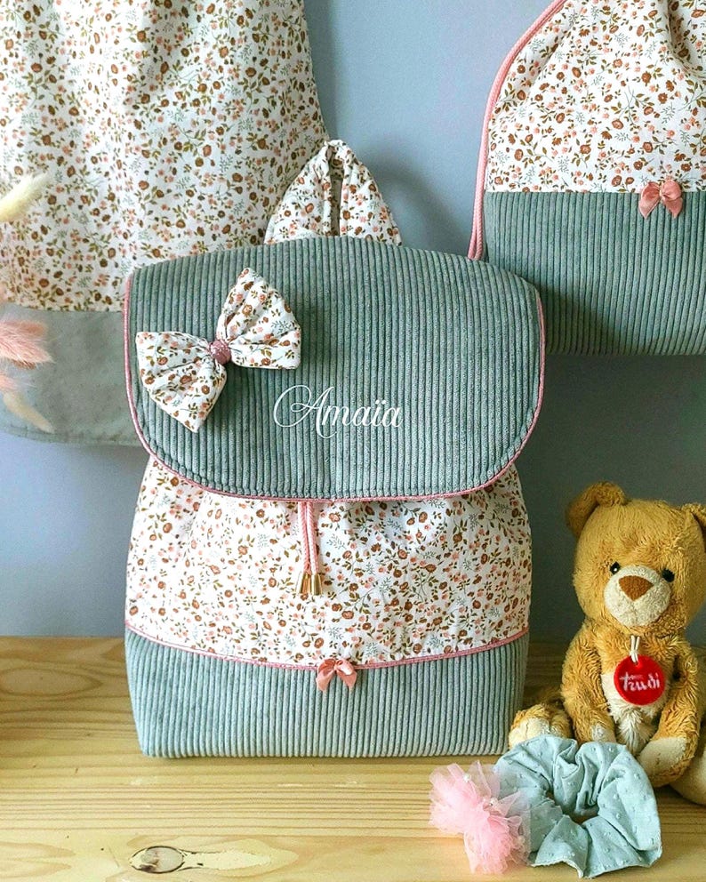 Personalized floral corduroy backpack for girls, in pink, dusty rose and celadon, for a 24x32 cm notebook image 1