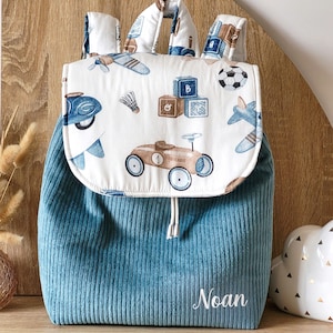 Sac maternelle velours personnalisé , maternelle, sac enfant voiture retro, sac enfant avion, sac maternelle velours petrole