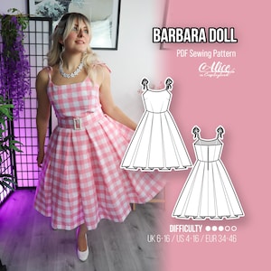 May include: A pink and white gingham dress with a matching belt and buckle. The image also features a PDF sewing pattern for a dress labeled "BARBARA DOLL" and the text "Alice in Cosplayland". The difficulty level is indicated by dots.