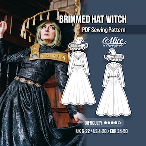 Pode incluir: Um molde de costura em PDF para um traje de bruxa com um chapéu de aba larga com borlas e um vestido de manga comprida com gola alta. O molde inclui desenhos técnicos de linha do chapéu e do vestido, com tamanhos UK 6-22, US 4-20 e EUR 34-50.