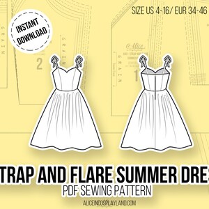 K&ouml;nnte beinhalten: Ein digitales Schnittmuster f&uuml;r ein Sommerkleid mit Tr&auml;gern und ausgestelltem Rock. Das Schnittmuster enth&auml;lt Anleitungen f&uuml;r die Gr&ouml;&szlig;en 34-46 (EU). Das Schnittmuster steht zum sofortigen Download bereit.