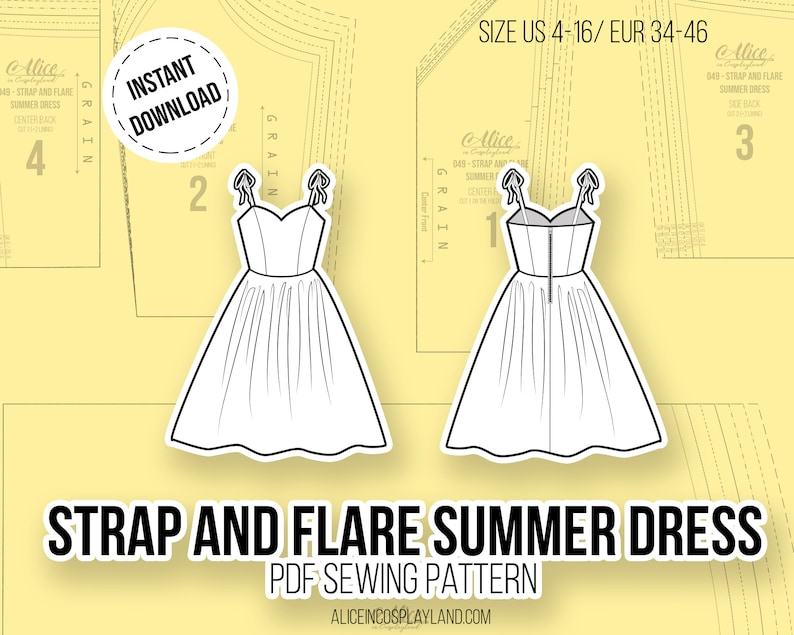 K&ouml;nnte beinhalten: Ein digitales Schnittmuster f&uuml;r ein Sommerkleid mit Tr&auml;gern und ausgestelltem Rock. Das Schnittmuster enth&auml;lt Anleitungen f&uuml;r die Gr&ouml;&szlig;en 34-46 (EU). Das Schnittmuster steht zum sofortigen Download bereit.