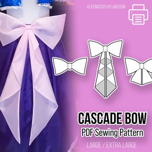 Puede incluir: Un lazo en cascada morado y blanco, con un gran lazo rosa en la parte superior y tela blanca en cascada. La imagen también muestra tres diagramas de lazo y el texto "CASCADE BOW PDF Sewing Pattern LARGE / EXTRA LARGE".