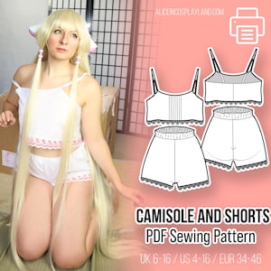 May include: A PDF sewing pattern for a white camisole and shorts set with lace trim. The pattern includes sizes UK 6-16, US 4-16, and EUR 34-46.