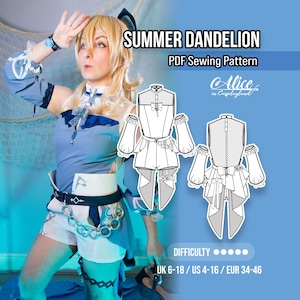 Op de afbeelding: Een Summer Dandelion PDF-naaipatroon voor een blauw en wit outfit met een hoge kraag, mouwen met open schouders en een riem met kettingdetails. De afbeelding bevat technische lijntekeningen van de voor- en achterkant en maten voor EUR 34-46.