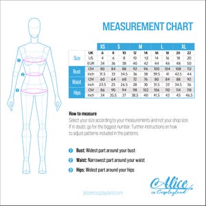 May include: Measurement chart for clothing sizes in US, UK, and European sizes. The chart shows bust, waist, and hip measurements in inches and centimeters for sizes XS to XL.