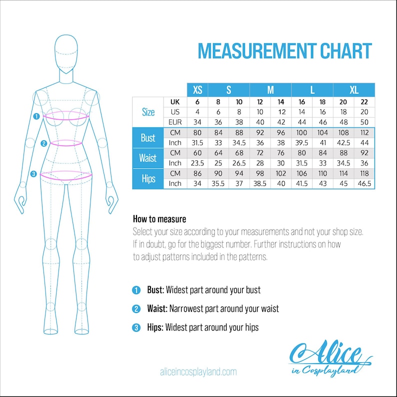 May include: Measurement chart for clothing sizes in US, UK, and European sizes. The chart shows bust, waist, and hip measurements in inches and centimeters for sizes XS to XL.