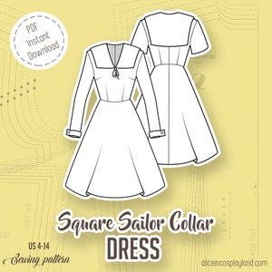 Love War Square sailor collar dress with bust and waist darts an a knee length quarter circle skirt. Cosplay uniform.