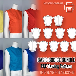 Bodice sewing pattern bundle. Basic block with variations on darts, including shoulder and waist darts, arm scythe darts and side darts