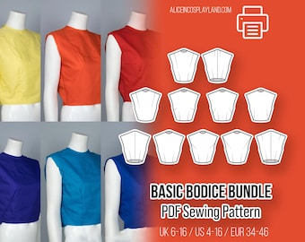 Bodice sewing pattern bundle. Basic block with variations on darts, including shoulder and waist darts, arm scythe darts and side darts