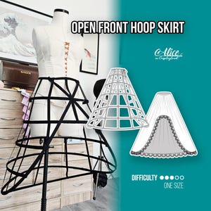 May include: A black open-front hoop skirt on a dress form, with a white bodice and corset lacing. The image includes a diagram and a sketch of the skirt, with the text "OPEN FRONT HOOP SKIRT" and "Alice in Cosplayland".