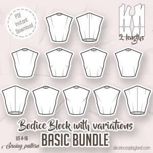 Bodice sewing pattern bundle. Basic block with variations on darts, including shoulder and waist darts, arm scythe darts and side darts