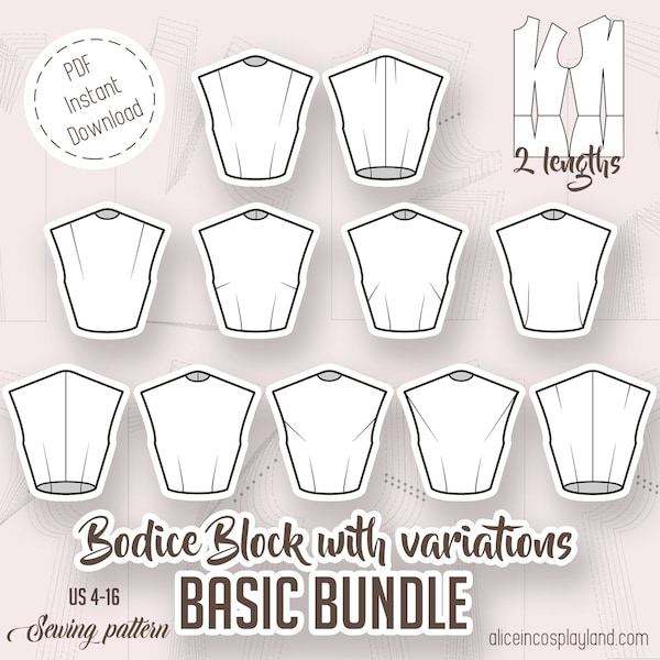 Bodice sewing pattern bundle. Basic block with variations on darts, including shoulder and waist darts, arm scythe darts and side darts