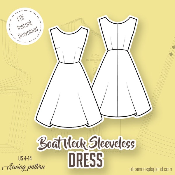 Boat neck sleeveless dress with a half circle skirt. Inspired on the 50s pin-up dresses. Easy to sew