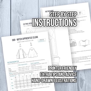 May include: A sewing pattern document titled 086 - Witch Apprentice Cloak by Alice in Cosplayland. The pages feature black and white hand-drawn illustrations, step-by-step instructions, a cutting layout, fabric requirements, and a measurement chart.