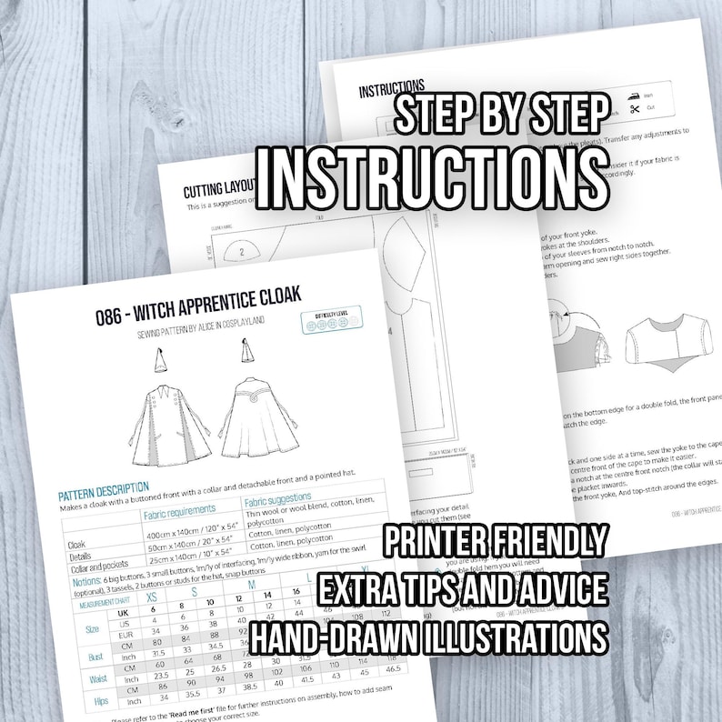 May include: A sewing pattern document titled 086 - Witch Apprentice Cloak by Alice in Cosplayland. The pages feature black and white hand-drawn illustrations, step-by-step instructions, a cutting layout, fabric requirements, and a measurement chart.
