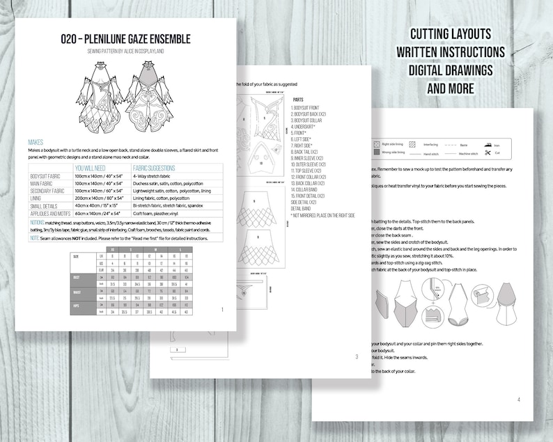 May include: A digital sewing pattern document titled 020-PLENILUNE GAZE ENSEMBLE by Alice in Cosplayland. It includes technical line drawings of a bodysuit, flared skirt, and collar, along with fabric requirements, a sizing chart, and written instructions.