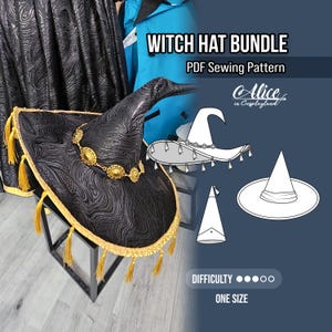 Puede incluir: Un sombrero de bruja negro con un patrón de remolinos, ribete dorado y borlas doradas a lo largo del ala. Una cadena dorada con medallones circulares rodea la base de la copa. La imagen incluye el texto WITCH HAT BUNDLE, PDF Sewing Pattern, Alice in Cosplayland y diagramas de diseños de sombreros.