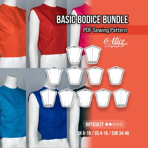 Bodice sewing pattern bundle. Basic block with variations on darts, including shoulder and waist darts, arm scythe darts and side darts