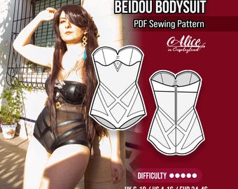 May include: A Beidou bodysuit PDF sewing pattern by Alice in Cosplayland. The image displays a technical line drawing of a strapless bodysuit with front and back views, including a zipper, alongside a person wearing the finished black garment.