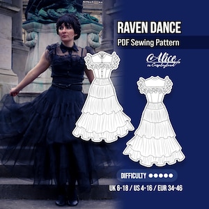 May include: A PDF sewing pattern titled Raven Dance by Alice in Cosplayland. The image displays a black tiered dress with ruffles and a collar, alongside two white line-art sketches of the dress design. Sizes include UK 6-18, US 4-16, and EUR 34-46.