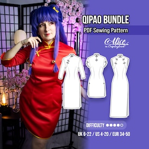 May include: A red satin Qipao dress with gold trim is shown, along with a PDF sewing pattern bundle. The pattern includes different Qipao styles and is labeled as a difficulty level of four out of five. The size range is UK 6-22, US 4-20, and EUR 34-50.