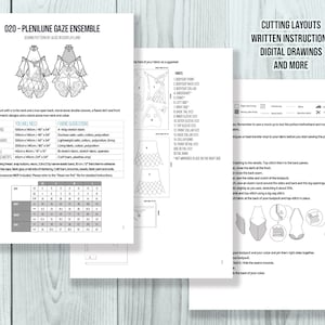 Puede incluir: Un patr&oacute;n de costura titulado "020 - Plenilune Gaze Ensemble" de Alice in Cosplayland. El patr&oacute;n incluye dise&ntilde;os de corte, instrucciones escritas, dibujos digitales y m&aacute;s. Describe un body con cuello alto y una falda acampanada.