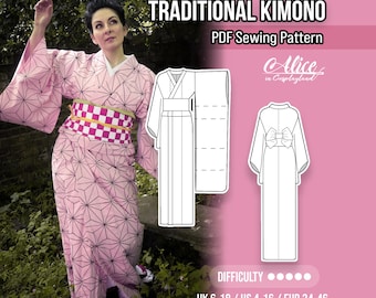May include: A pink kimono with a black geometric hemp leaf pattern, a white collar, and a pink and white checkered obi belt. The image includes a PDF sewing pattern label, technical line drawings of the garment, and sizing text UK 6-18 / US 4-16 / EUR 34-46.