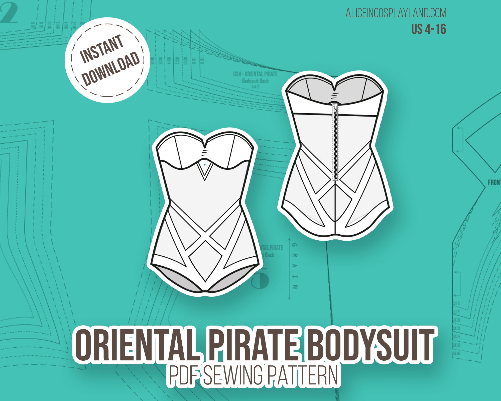 Oriental Pirate Bodysuit Cosplay Pattern. Free sewing appliques on stretch fabric guide.